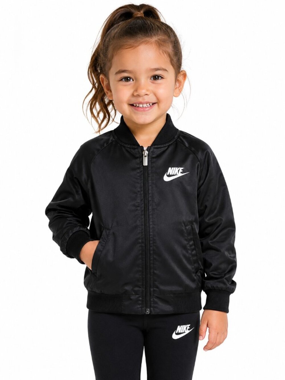 Nike Dri-FIT Black Satin Bomber Jacket Girls Toddler 4T Zip Front